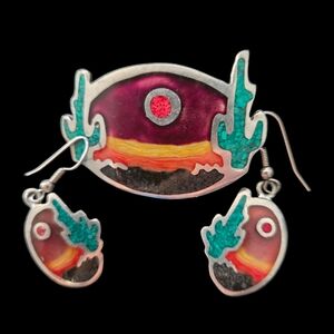 Alia Sunset Cactus Brooch and Earring Set